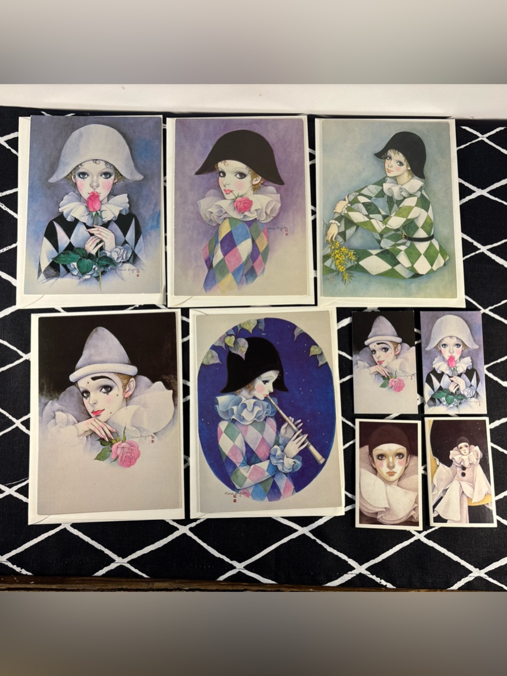 Vintage Mira Fujita Pierrot Harlequin Greeting Cards Lot of 9 🎭